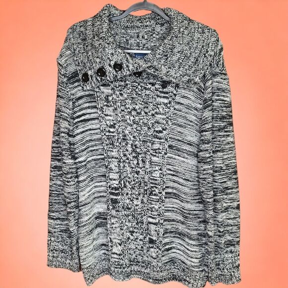 NEW Karen Scott XL Cable Knit Pullover Black Marble Sweater Button Drape Collar - Picture 6 of 10
